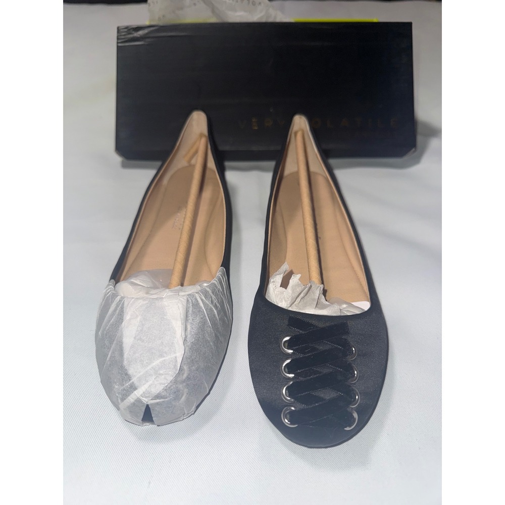 Very Volatile Beba Black Satin Lace Up Pointed Toe Ballet Flats Womens 7.5 New